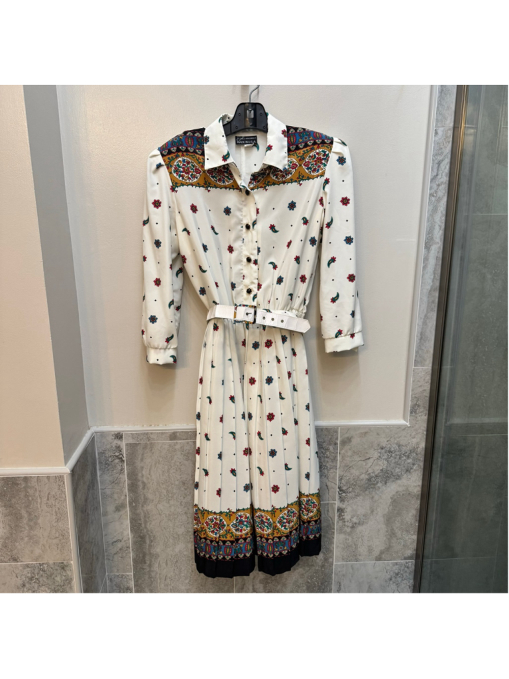 Vintage 80s Breli Originals Paisley Shirt Dress Size 12 Belted Pleated Midi USA